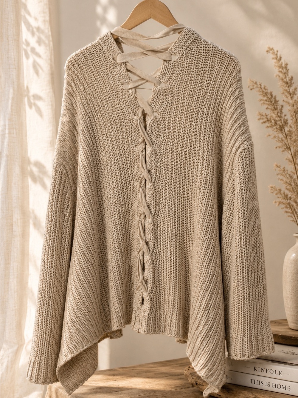 Lunik Lace-Up Open Front Chunky Cardigan Size Large